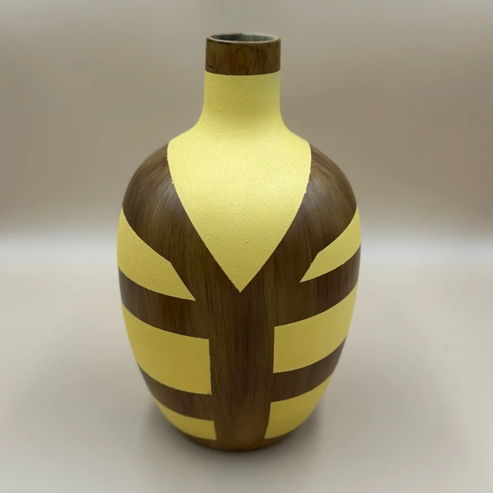 Modern Wood Vase with Yellow Geometric Mid-Century Modern Style Inspired Design